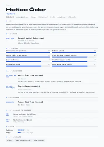 Beslenme Uzmanı Diyetisyen CV Örnekleri cv indir